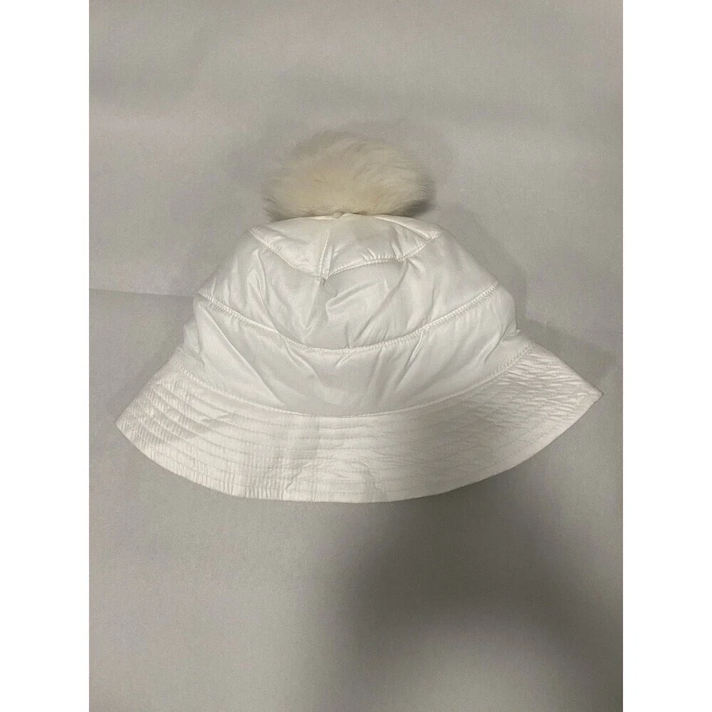 UGG WHITE ALL WEATHER SHEEPSKIN POM BUCKET HAT, WOMEN L/XL